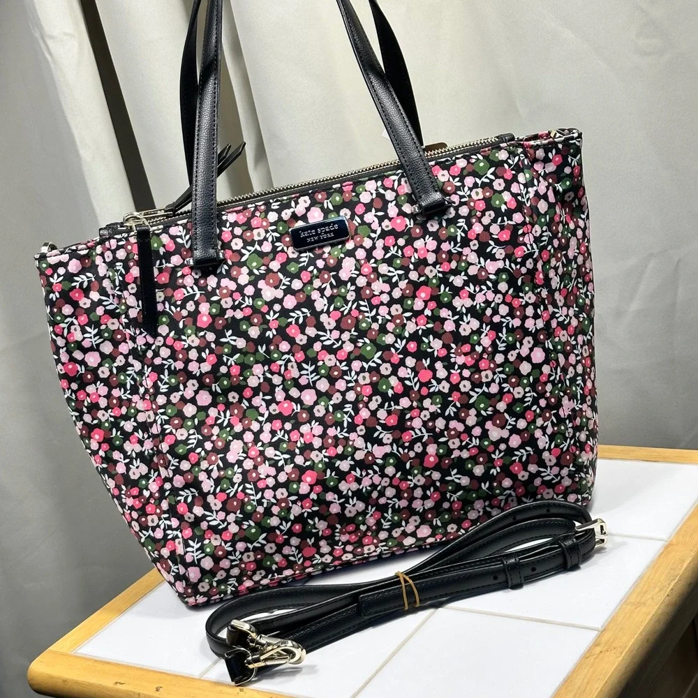 Kate Spade Tote Bag Womens Med Large Pink Floral Nylon Crossbody Adjustable